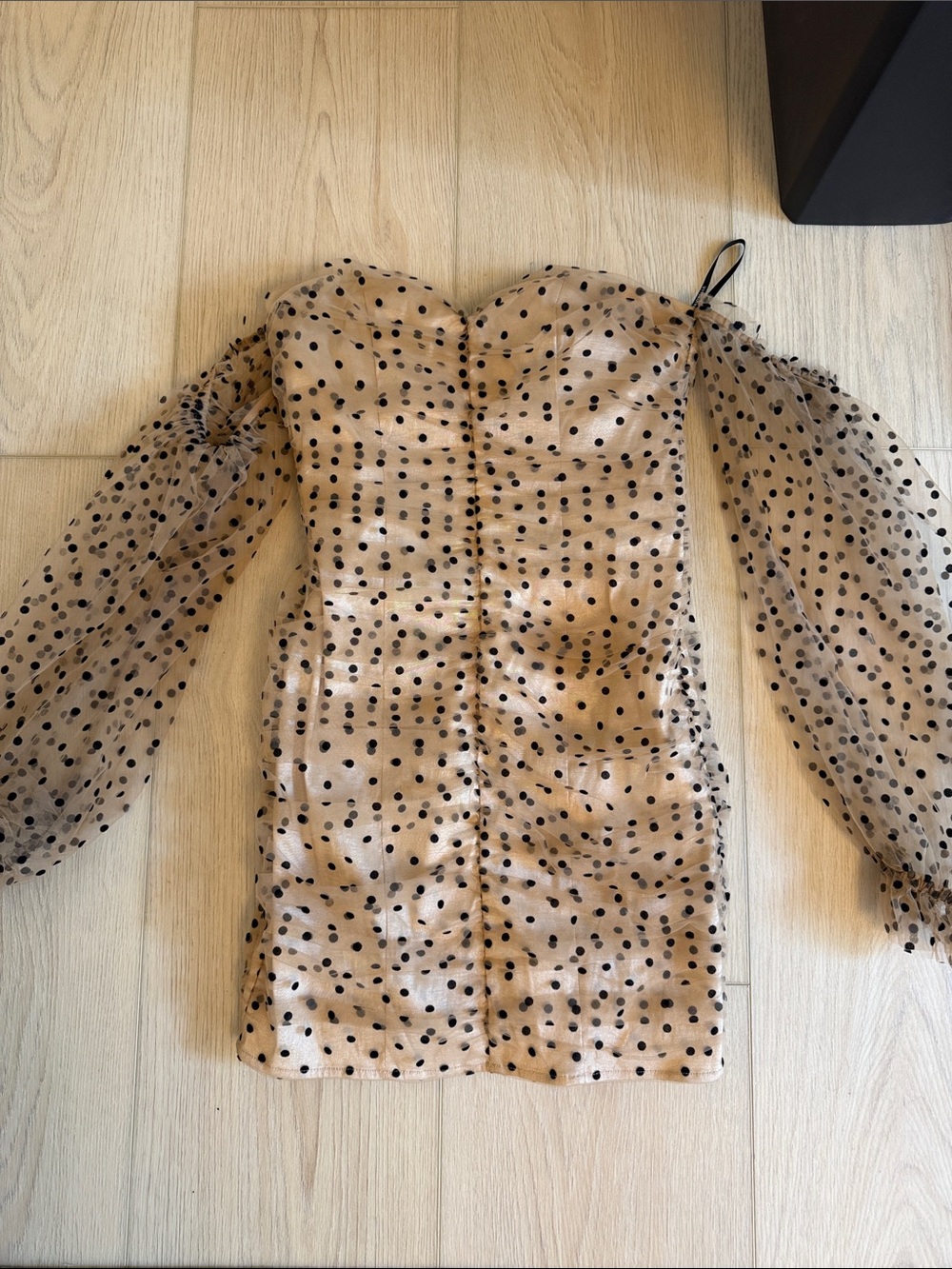 MAJORELLE Nude and Black Polka Dot Sheer Puff Sleeve Mini Dress